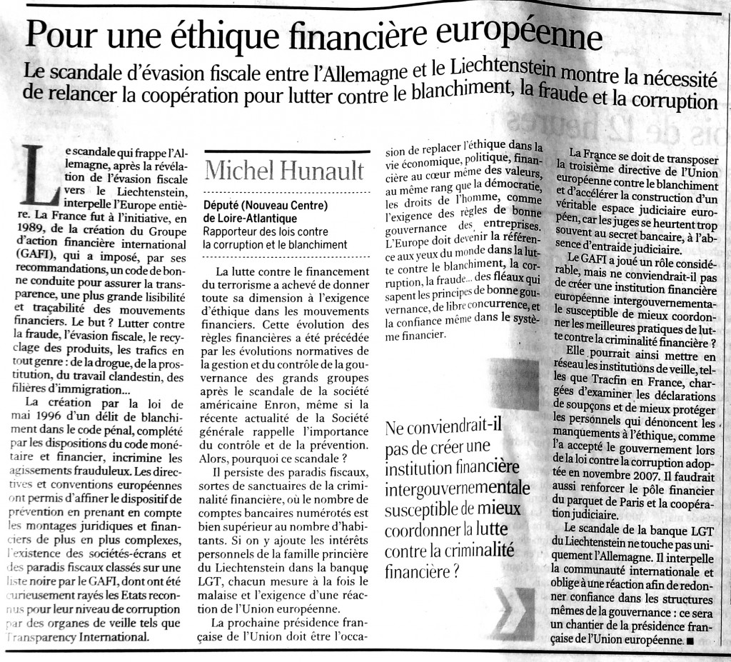 Pour une éthique financière européenne, Le Monde